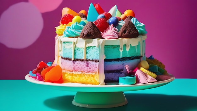 Playful Cake Platter with Rainbow Layer Cakes on Bright Turquoise Background