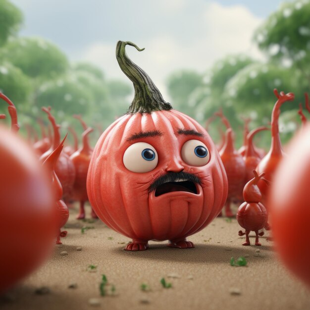 Playful Caricature Red Pumpkin Communicates With A Group Of Tomato