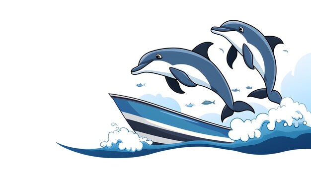 Playful Cartoon Dolphins Racing Alongside a Ship in the Waves