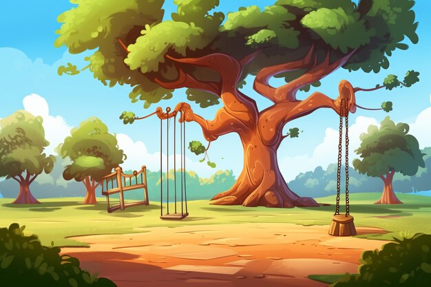 Photo playful cartoon park with swings and a large oak tree