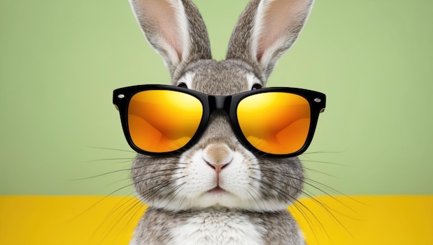 A playful cartoon rabbit in sunglasses against a bright yellow background