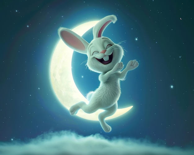 A playful cartoon rabbit with exaggerated elasticity bouncing under the moons soft ethereal glow