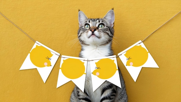 Photo a playful cat beside a colorful banner on a bright yellow background