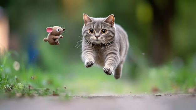 A playful cat chases a small toy mouse in a vibrant outdoor setting