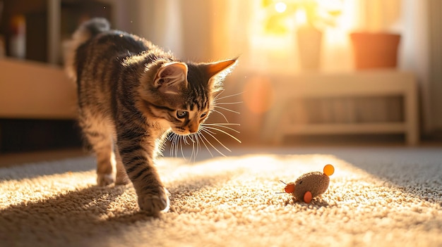 Playful Cat Engaged in Pouncing Action with Toy Mouse Amidst Warm Afternoon Sunlight Key