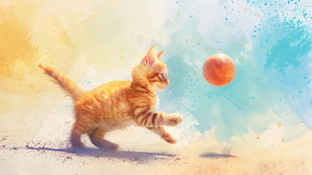 Playful Cat Enjoying a Summer Day at the Beach with Colorful Ball in Watercolor