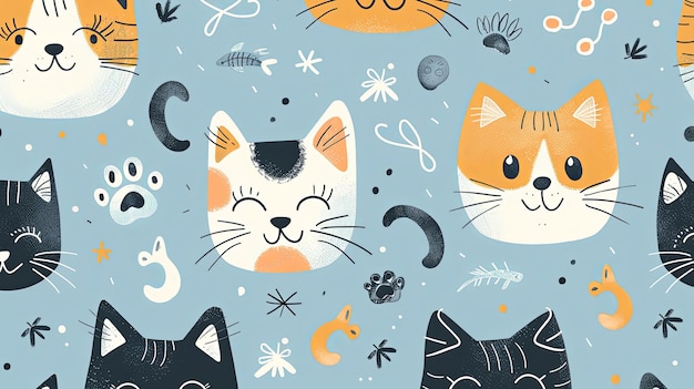 Playful Cat Faces and Abstract Elements Seamless Pattern