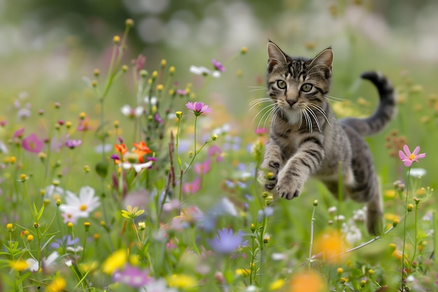 Playful Cat in a Field of Flowers