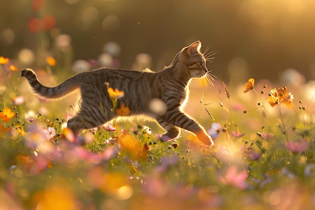 Playful Cat in a Field of Flowers