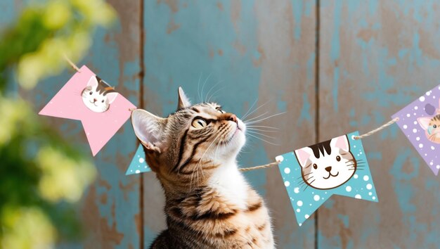 Photo a playful cat gazing at a colorful pet themed banner in a cheerful setting