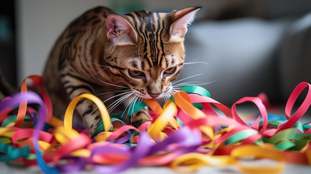 Photo a playful cat interacts with colorful ribbons scattered on the floor