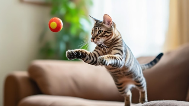 A playful cat leaps to catch a colorful ball in a cozy living room setting