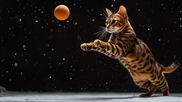 A playful cat leaps to catch an orange ball against a snowy backdrop