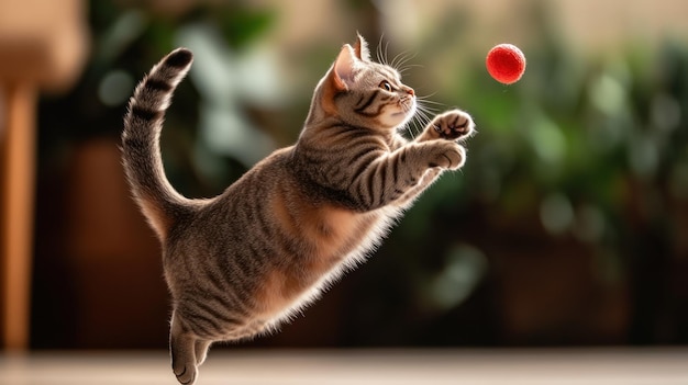 A playful cat leaps towards a red ball capturing a moment of joy and energy