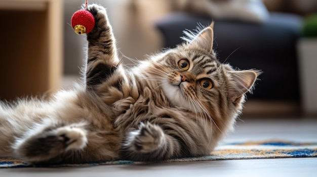 A playful cat lying on a rug reaching for a small toy ornament