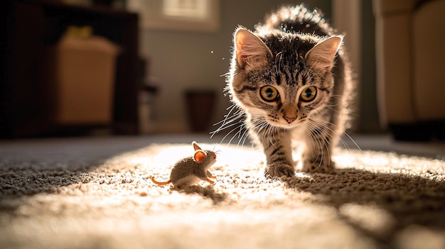 Playful Cat Pouncing on Toy Mouse in Sunlit Living Room on Soft Carpet During Afternoon Li