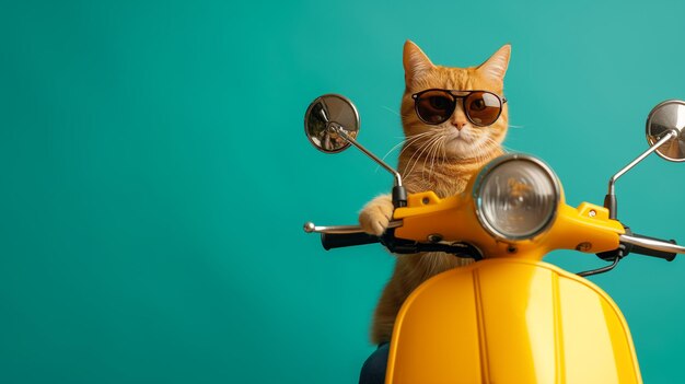 Photo playful cat riding a yellow electric motorbike in green studio with copy space