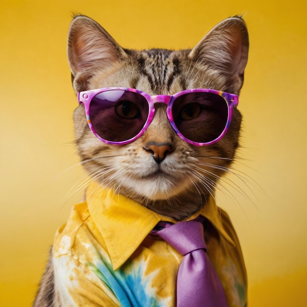 Playful cat in tiedye shirt and round sunglasses against vibrant yellow background Generated AI