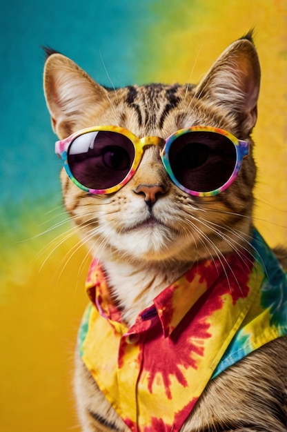 Playful cat in tiedye shirt and round sunglasses against vibrant yellow background Generated AI