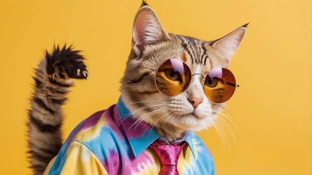 Playful cat in tiedye shirt and round sunglasses against vibrant yellow background Generated AI