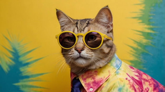 Playful cat in tiedye shirt and round sunglasses against vibrant yellow background Generated AI