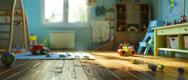 Playful chaos in a child39s sunlit room with toys scattered on wooden floor