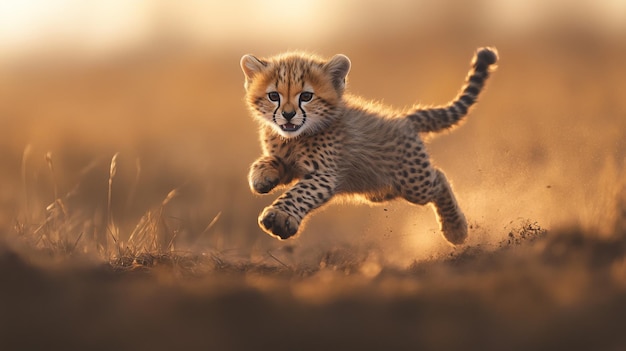 Photo a playful cheetah cub leaps through golden grass during sunset in the african savannah showcasing