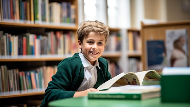 Playful childhood Little boy having fun at room with bookshelf Boy reading book