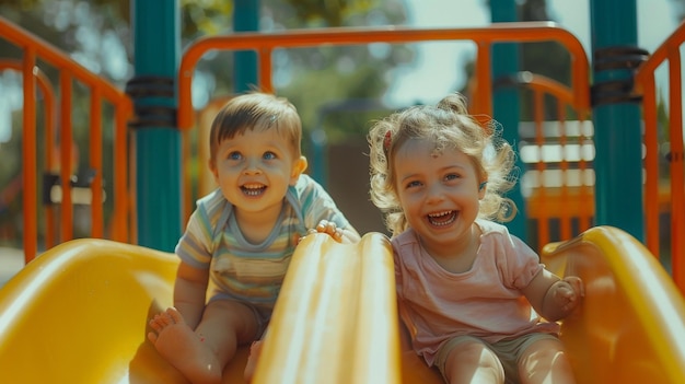 Playful Children Enjoying Slide at Park