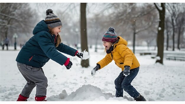 Playful children having fun in the park on a snowy winter day