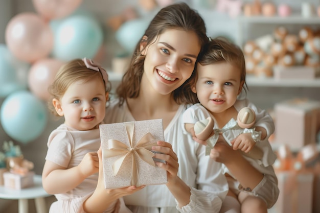 Playful children with their mother reading Mothers Day gift cards