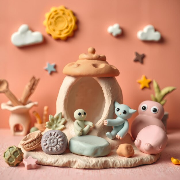 Photo playful clay figurines in a whimsical setting with a sun clouds and stars