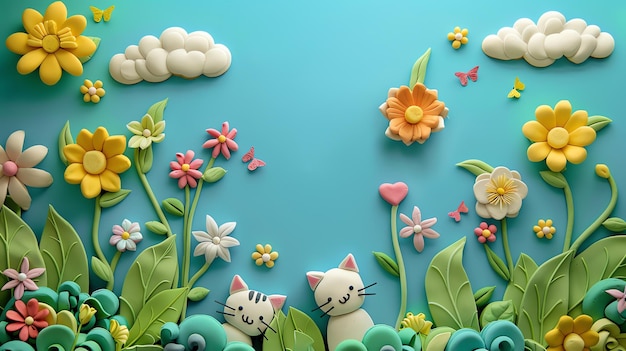 Playful clay sculptures of cats flowers butterflies and clouds against a light blue background