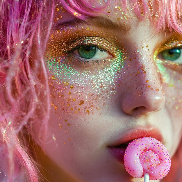 Photo playful close up with glittery cheeks pinkgreen hair and pink lollipop