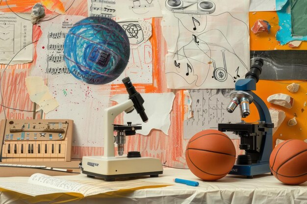 Photo playful collage with basketball microscope and musical notes showcasing extracurricular activities