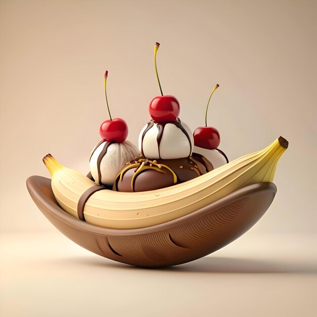 Photo a playful and colorful illustration of a banana split with chocolate whipped cream and cherries