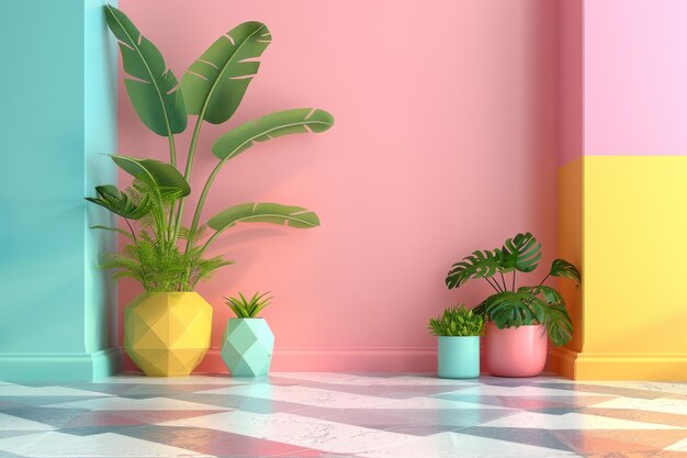 Playful and colorful office space with vibrant walls and potted plants creating a cheerful and cre