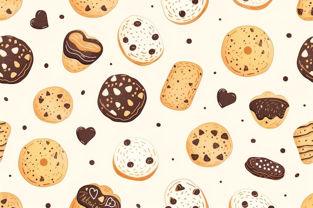 Photo playful cookie pattern featuring chocolate chips and colorful sprinkles a scrumptious treat for the eyes and taste buds