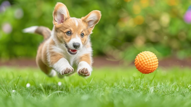 Photo a playful corgi dog energetically jumps to catch a bright orange ball with enthusiasm