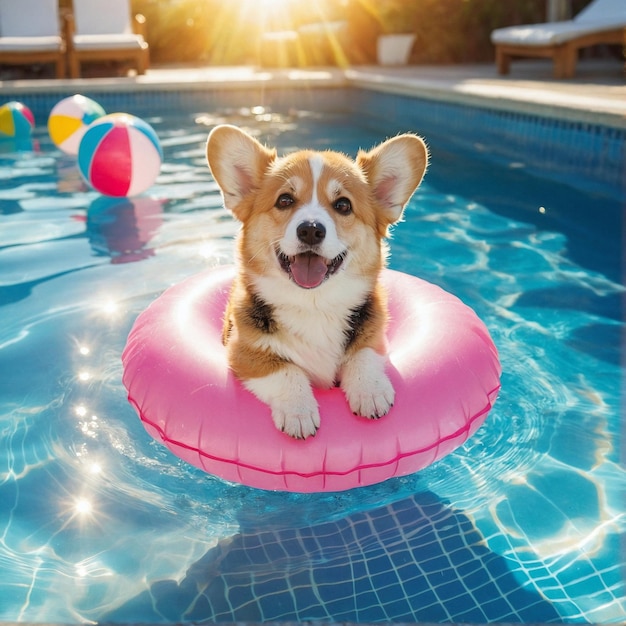 Playful Corgi dog floating on inflatable pink ring in blue pool