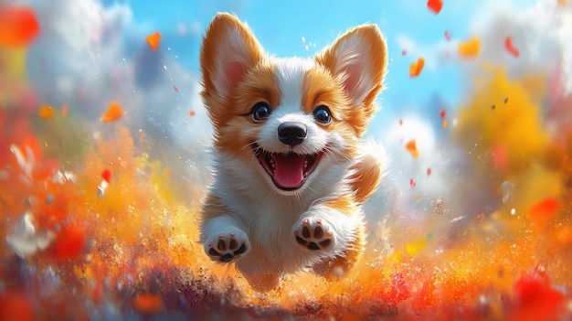 A playful corgi puppy jumps with excitement showcasing its joy against a bright blue background filled with bold abstract patterns radiating energy and cheer