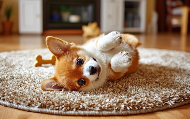 A playful corgi puppy rolling on a soft rug in a cozy living room basking in the warmth of the afternoon sun