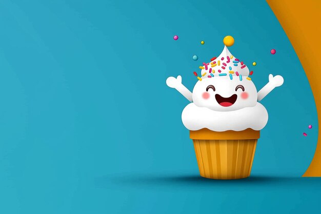 Playful cupcake character with party hat raised arms and colorful sprinkles on a vibrant blue