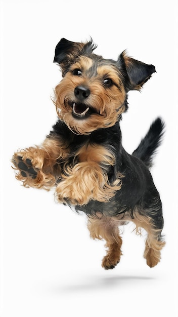 Playful cute dog terrier running posing in motion isolated over white studio background concept of