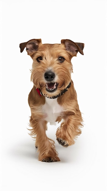 Playful cute dog terrier running posing in motion isolated over white studio background concept of