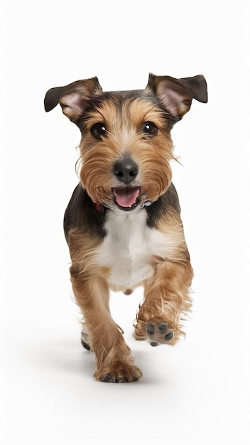 Playful cute dog terrier running posing in motion isolated over white studio background concept of