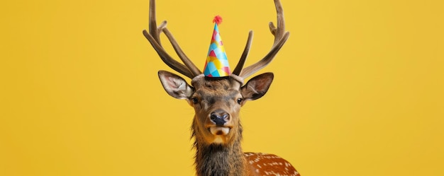 A playful deer with a birthday party hat isolated on a sunny yellow background looking elegant and