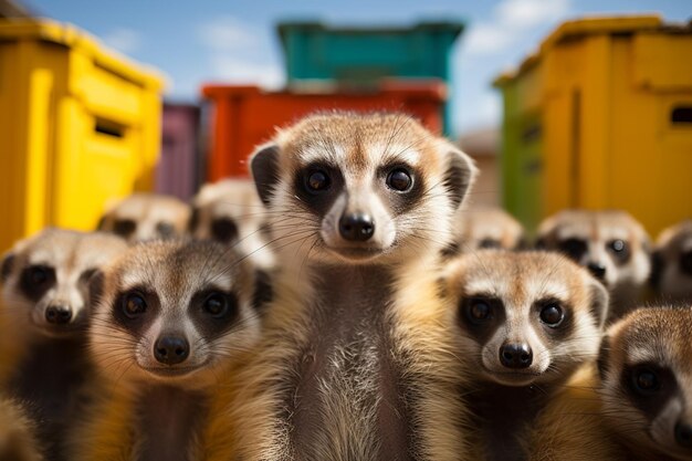 A playful depiction of a cubic meerkat community their alert and curious poses transformed into a v