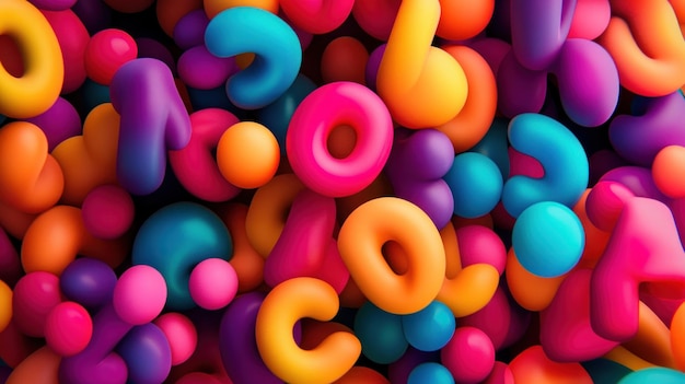 A playful design where 3D bubble letters are stacked in a random bouncy pattern with each letter in a different bright color