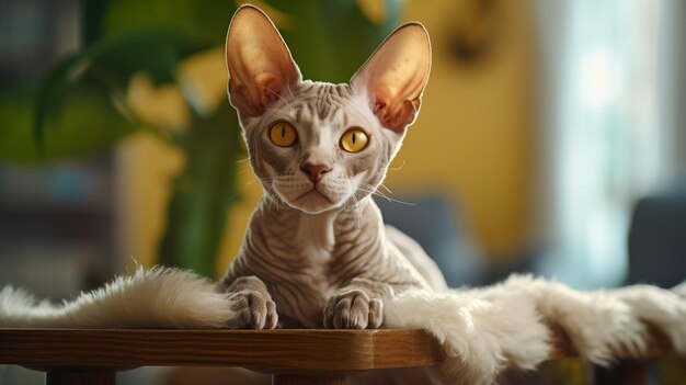 Playful Devon Rex Cat Climbing Cat Tree in Cozy Living Room with Unique Curly Fur and Mischievous